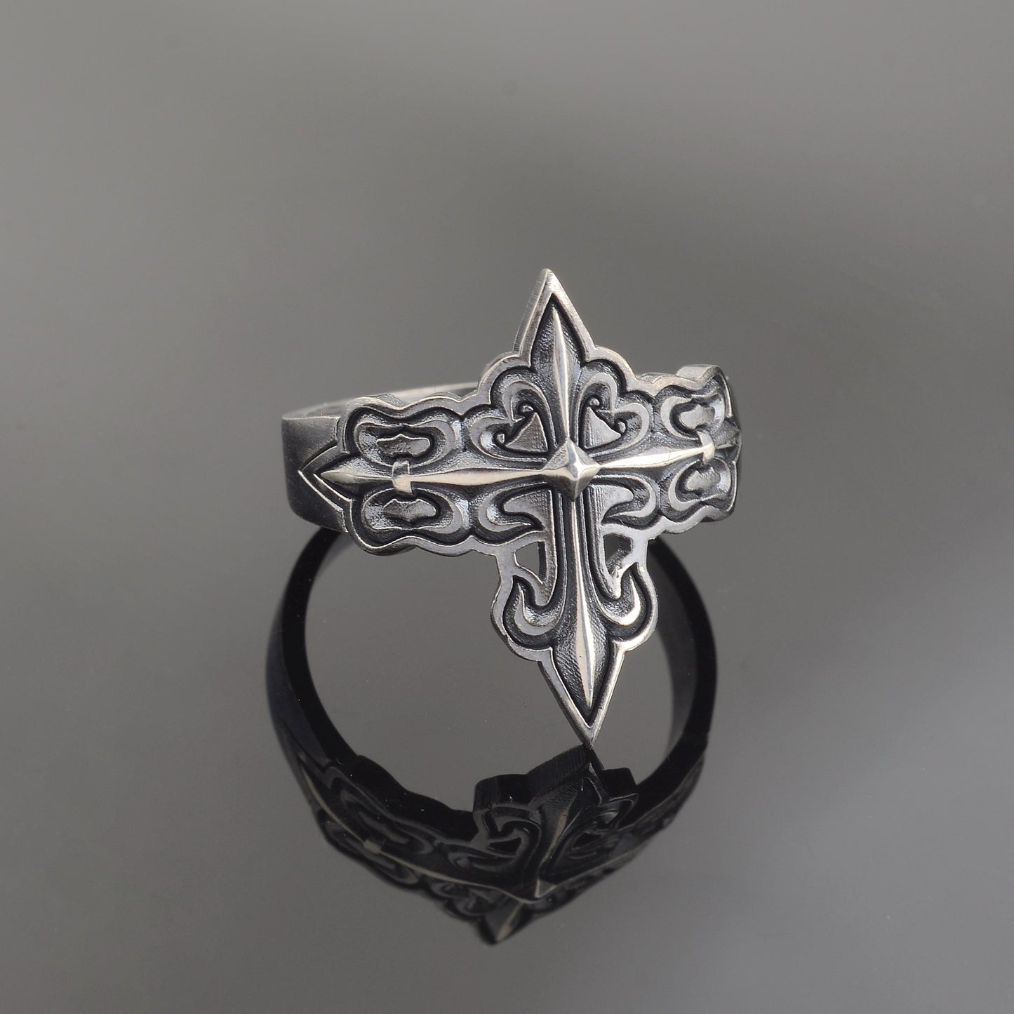 Silver Cross Signet Ring, Crusader Knight Design, Religious Jewelry