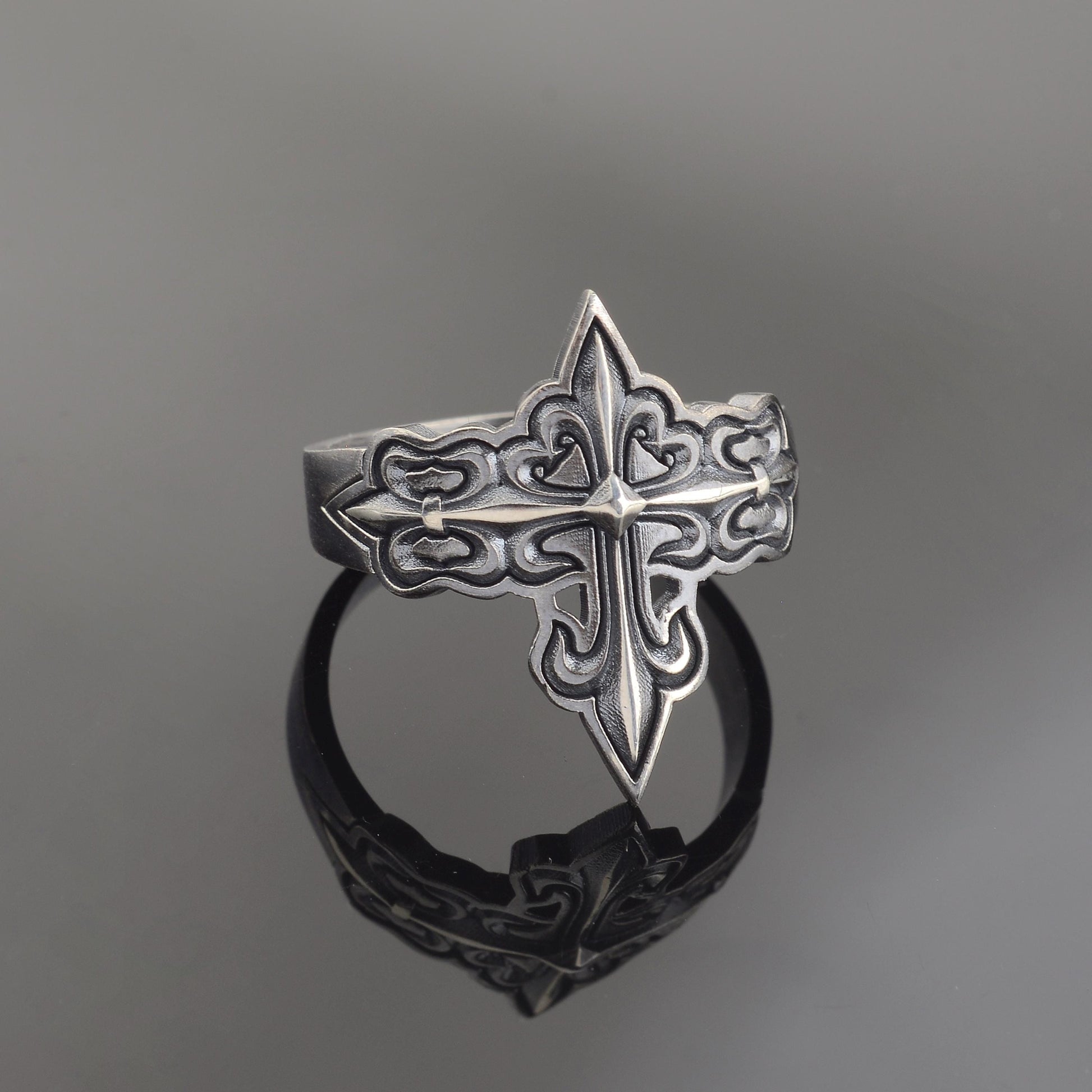 Silver Cross Signet Ring, Crusader Knight Design, Religious Jewelry