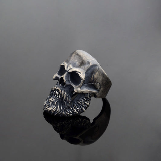 Silver Mens Bearded Skull Ring, 925 Sterling Silver Plated Ring, Hand Made Skull, Bearded Biker Ring, Silver Biker Ring, Skull Ring For Men