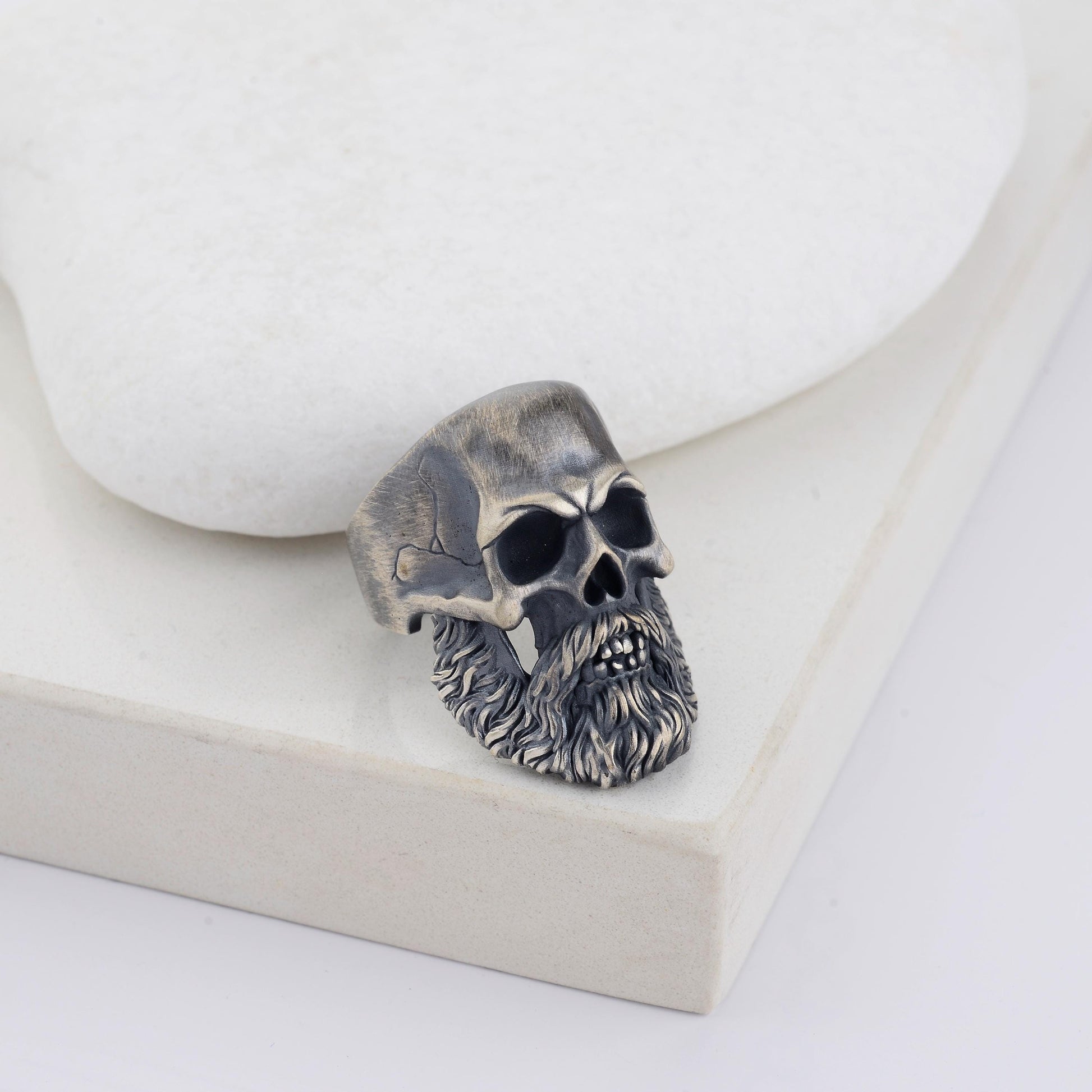 Silver Mens Bearded Skull Ring, 925 Sterling Silver Plated Ring, Hand Made Skull, Bearded Biker Ring, Silver Biker Ring, Skull Ring For Men