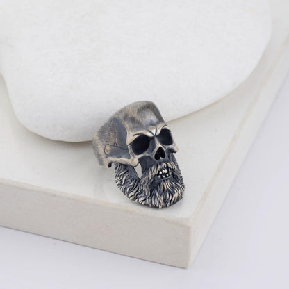 Silver Mens Bearded Skull Ring, 925 Sterling Silver Plated Ring, Hand Made Skull, Bearded Biker Ring, Silver Biker Ring, Skull Ring For Men