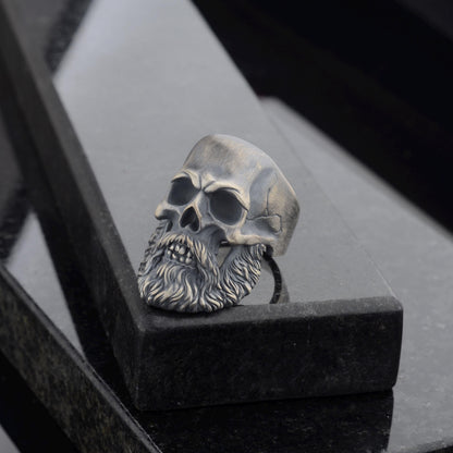 Silver Mens Bearded Skull Ring, 925 Sterling Silver Plated Ring, Hand Made Skull, Bearded Biker Ring, Silver Biker Ring, Skull Ring For Men