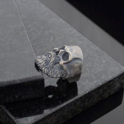 Silver Mens Bearded Skull Ring, 925 Sterling Silver Plated Ring, Hand Made Skull, Bearded Biker Ring, Silver Biker Ring, Skull Ring For Men