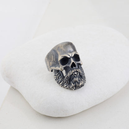 Silver Mens Bearded Skull Ring, 925 Sterling Silver Plated Ring, Hand Made Skull, Bearded Biker Ring, Silver Biker Ring, Skull Ring For Men