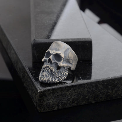 Silver Mens Bearded Skull Ring, 925 Sterling Silver Plated Ring, Hand Made Skull, Bearded Biker Ring, Silver Biker Ring, Skull Ring For Men