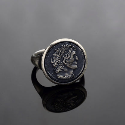 Sterling Silver Alexander the Coin Ring, Archaic Signet