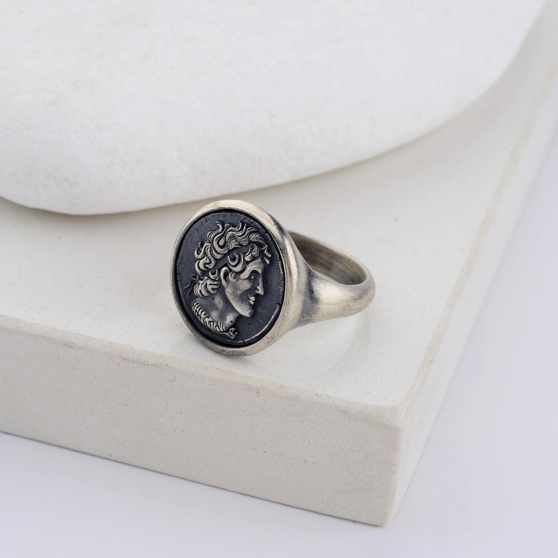 Sterling Silver Alexander the Coin Ring, Archaic Signet