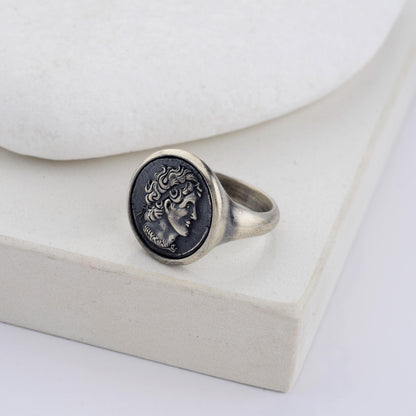 Sterling Silver Alexander the Coin Ring, Archaic Signet