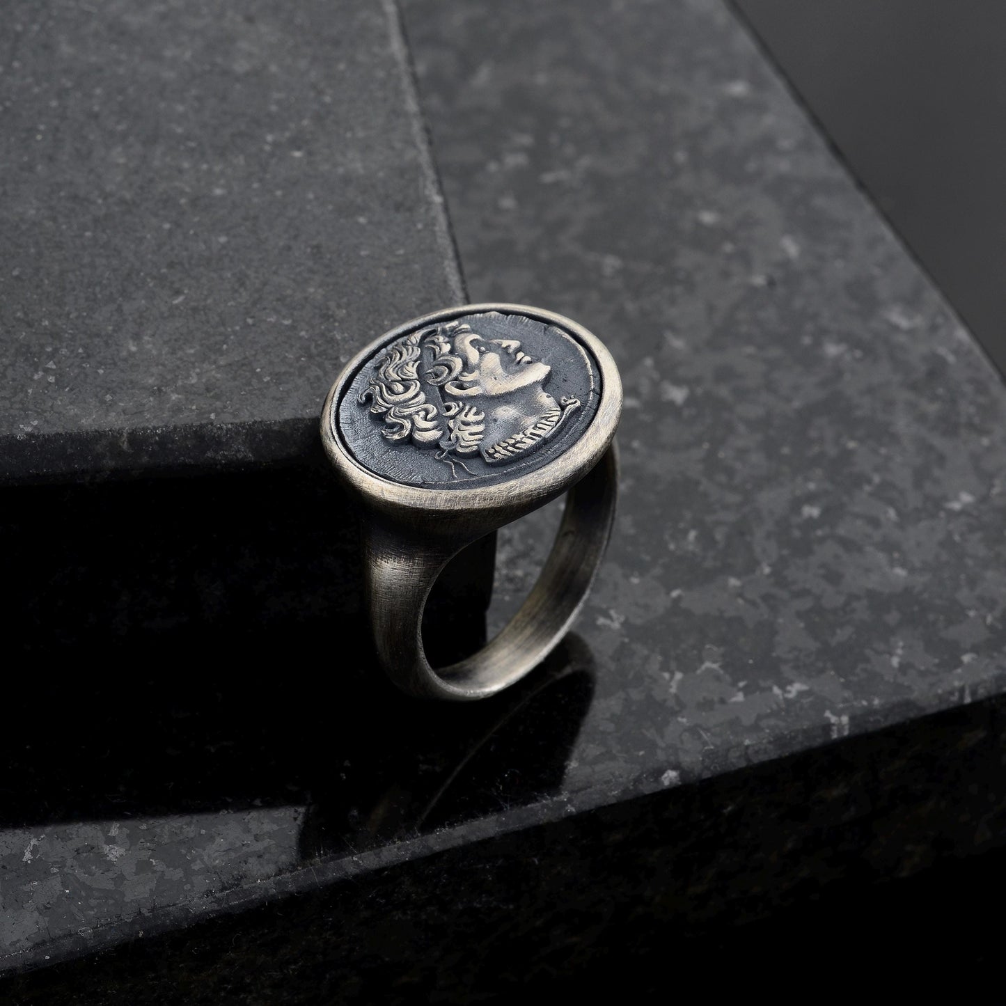 Sterling Silver Alexander the Coin Ring, Archaic Signet