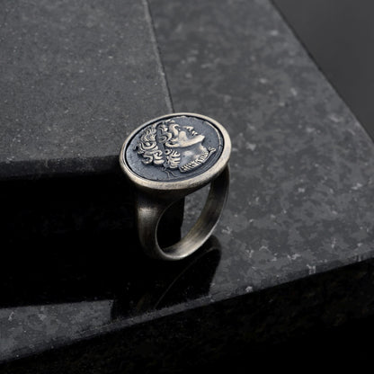 Sterling Silver Alexander the Coin Ring, Archaic Signet
