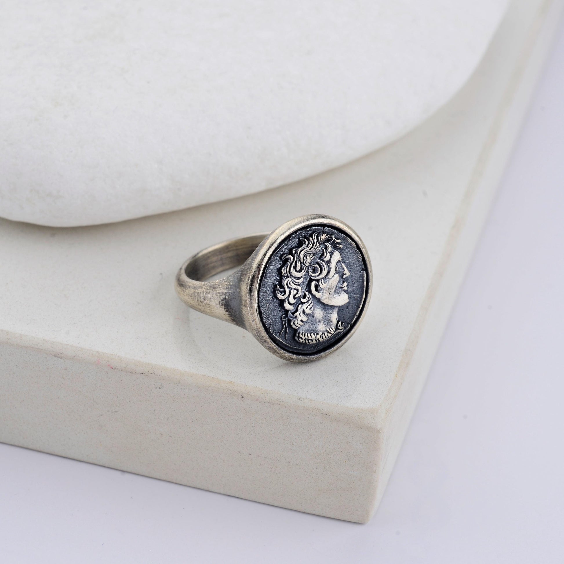 Sterling Silver Alexander the Coin Ring, Archaic Signet