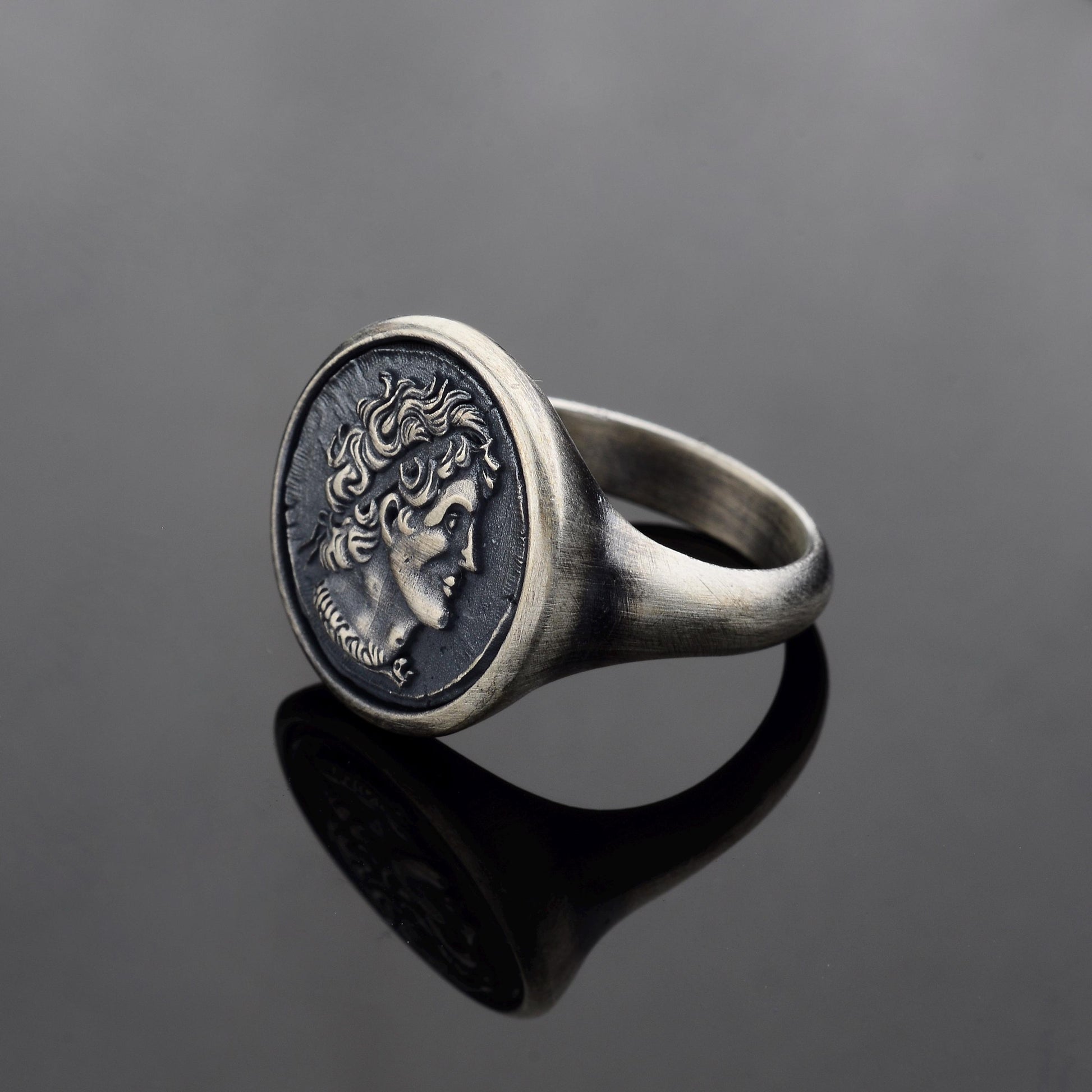Sterling Silver Alexander the Coin Ring, Archaic Signet