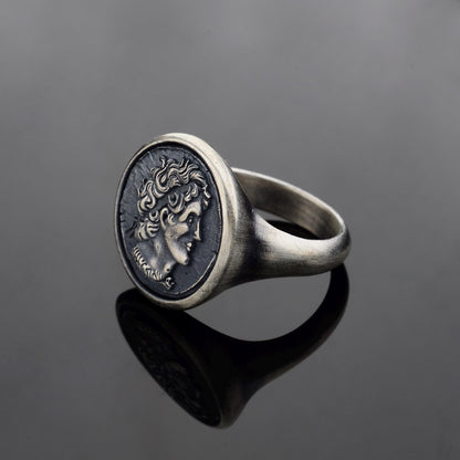 Sterling Silver Alexander the Coin Ring, Archaic Signet