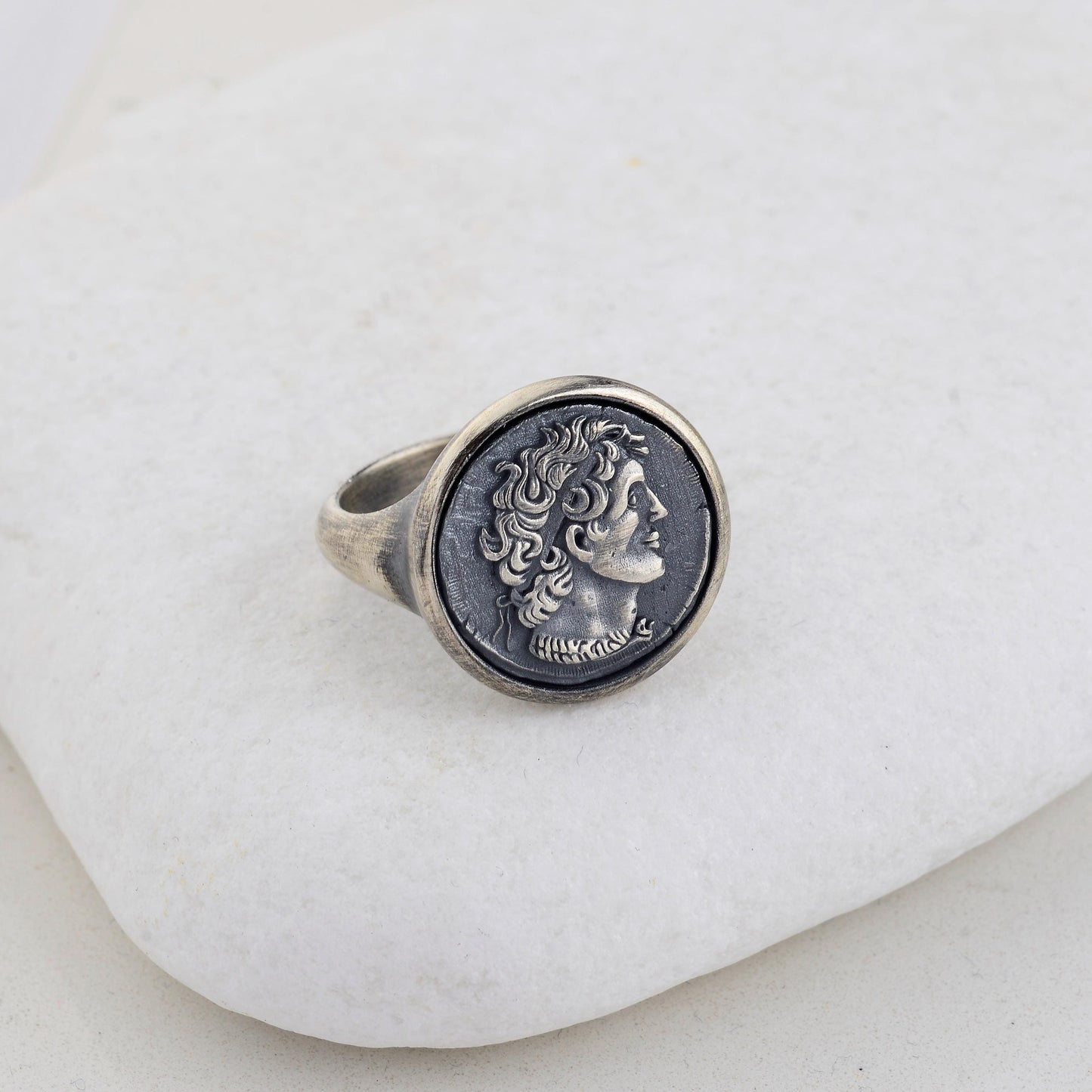 Sterling Silver Alexander the Coin Ring, Archaic Signet