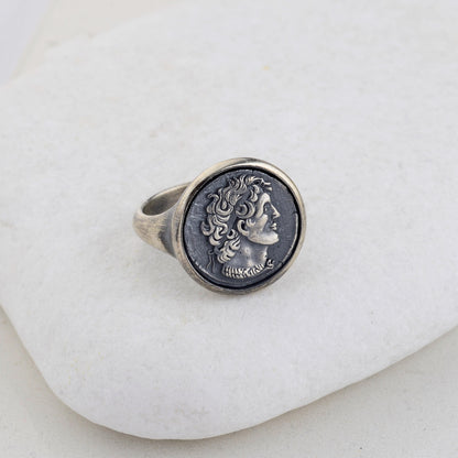 Sterling Silver Alexander the Coin Ring, Archaic Signet