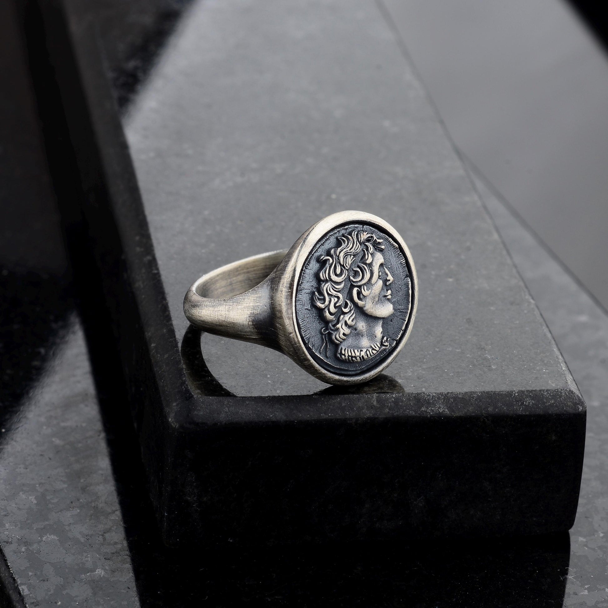 Sterling Silver Alexander the Coin Ring, Archaic Signet