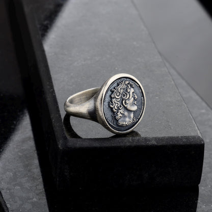 Sterling Silver Alexander the Coin Ring, Archaic Signet