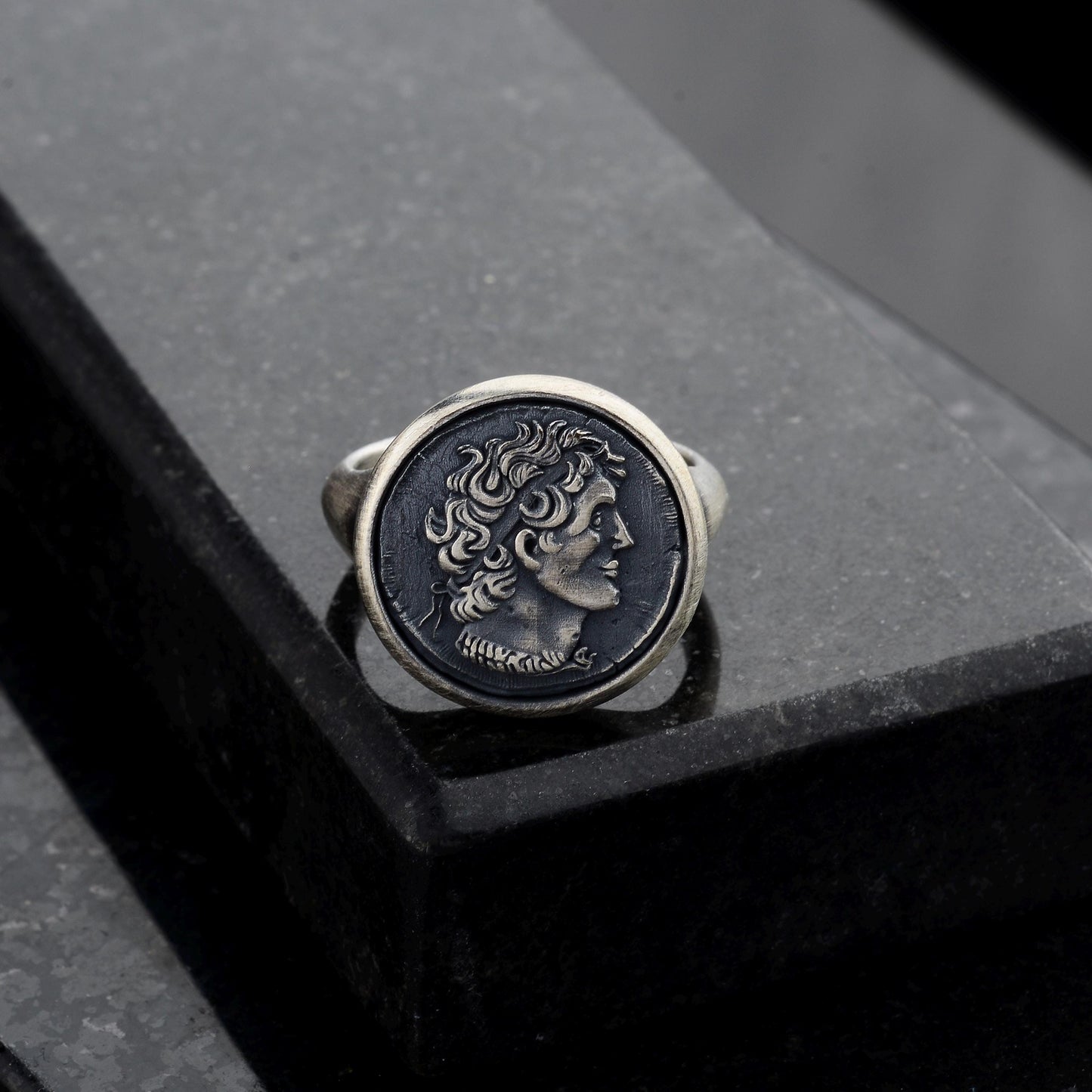 Sterling Silver Alexander the Coin Ring, Archaic Signet
