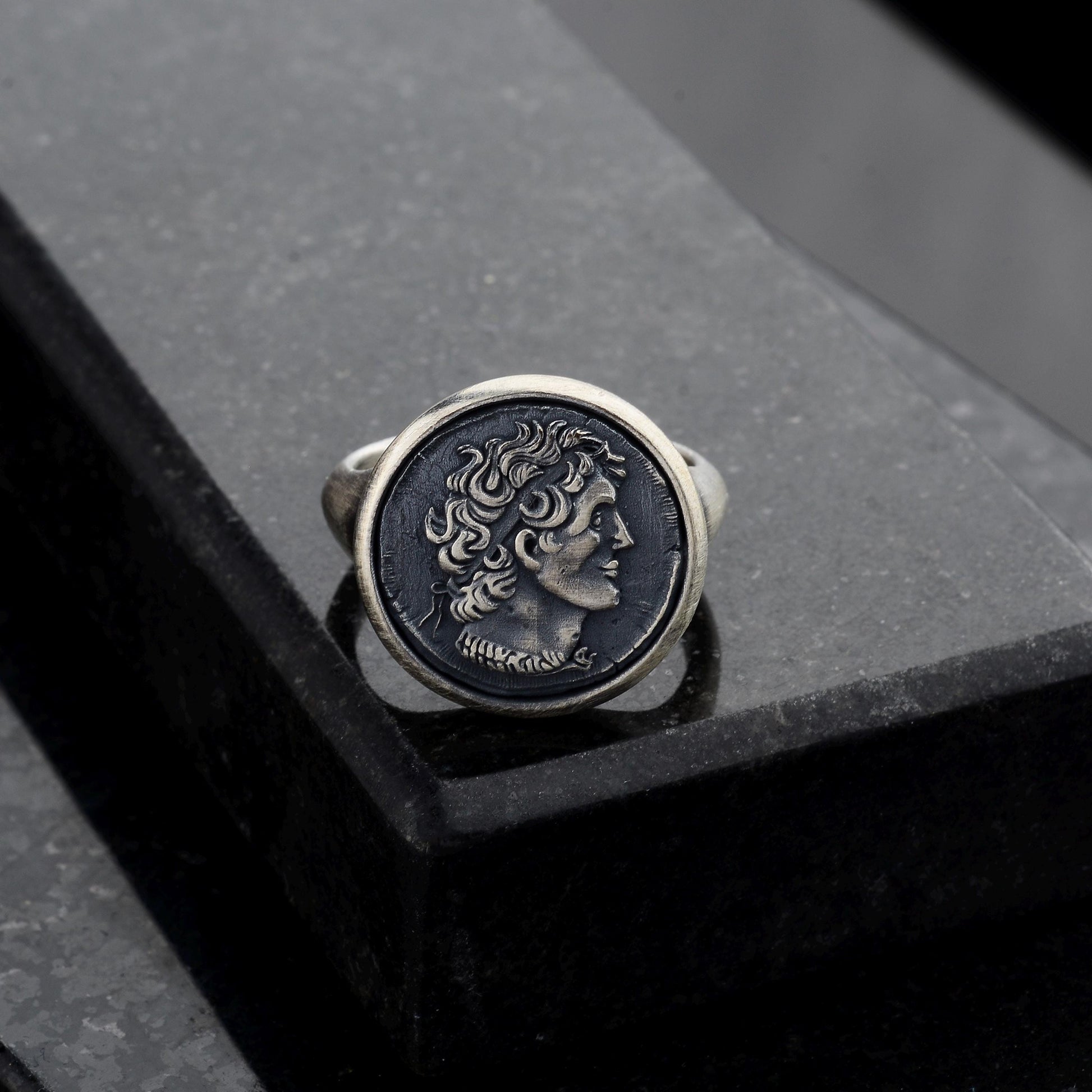 Sterling Silver Alexander the Coin Ring, Archaic Signet