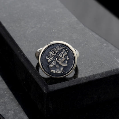 Sterling Silver Alexander the Coin Ring, Archaic Signet