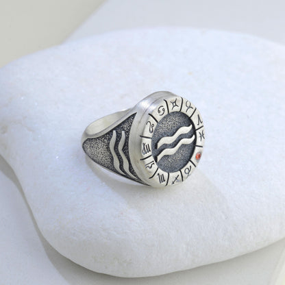 Sterling Silver Aquarius Zodiac Ring: Horoscope Astrology Gift