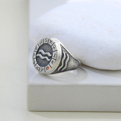 Sterling Silver Aquarius Zodiac Ring: Horoscope Astrology Gift