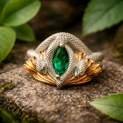Sterling Silver Barahir Ring, Emerald Snake, Handmade Fantasy Jewelry