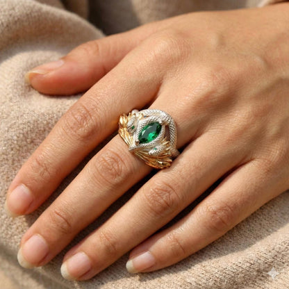 Sterling Silver Barahir Ring, Emerald Snake, Handmade Fantasy Jewelry
