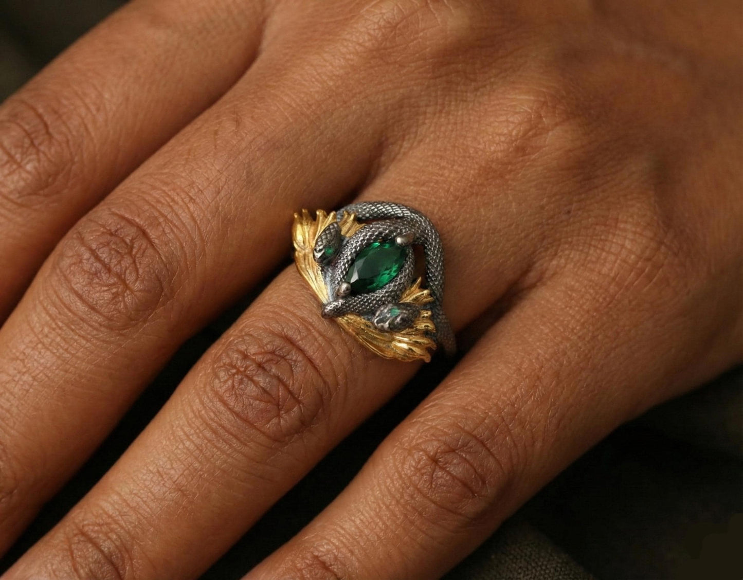Sterling Silver Barahir Ring, Emerald Snake, Handmade Fantasy Jewelry