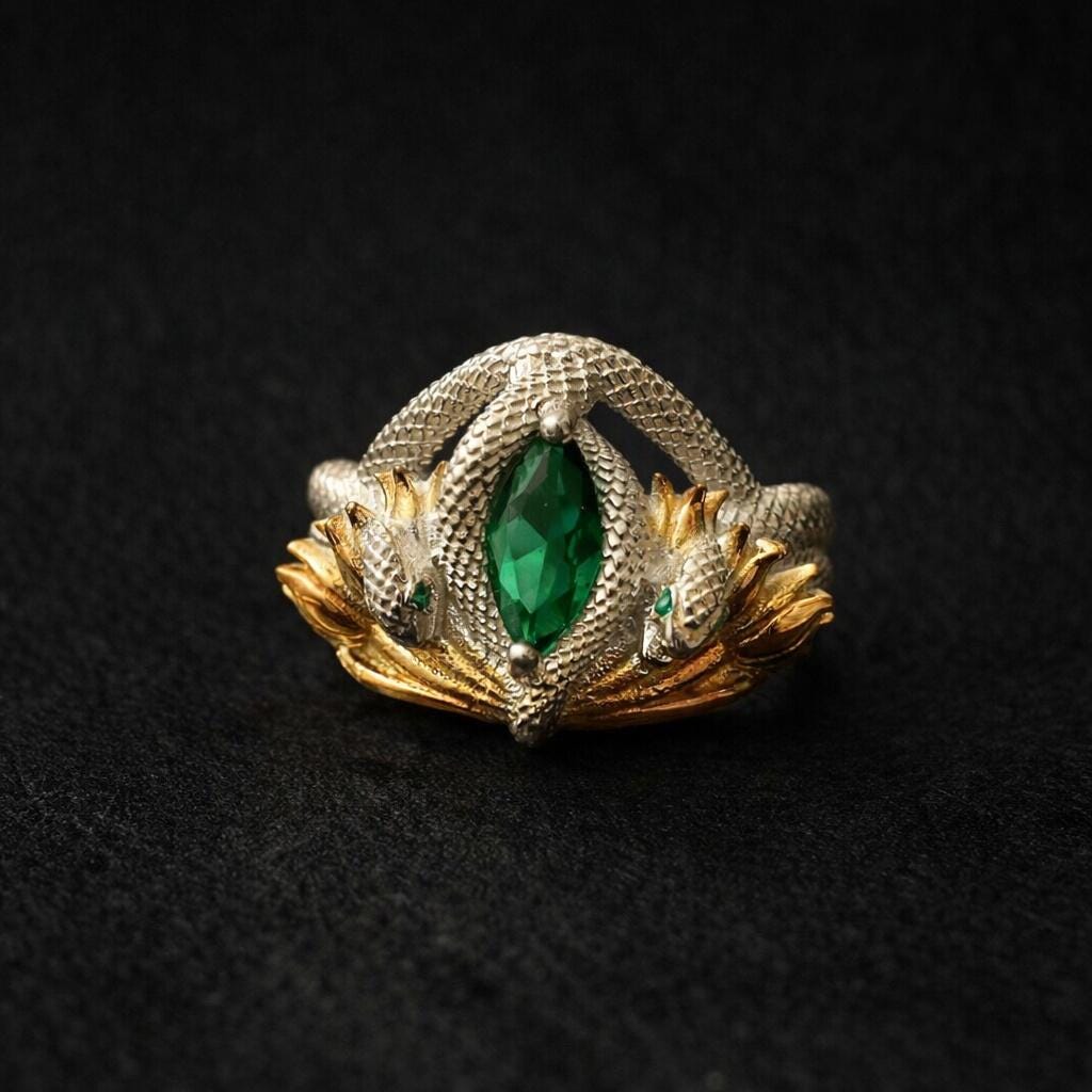 Sterling Silver Barahir Ring, Emerald Snake, Handmade Fantasy Jewelry