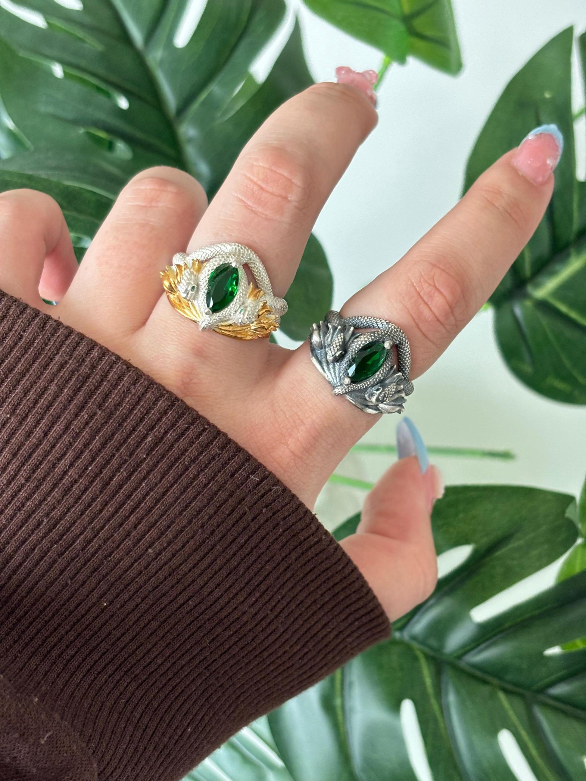 Sterling Silver Barahir Ring, Emerald Snake, Handmade Fantasy Jewelry