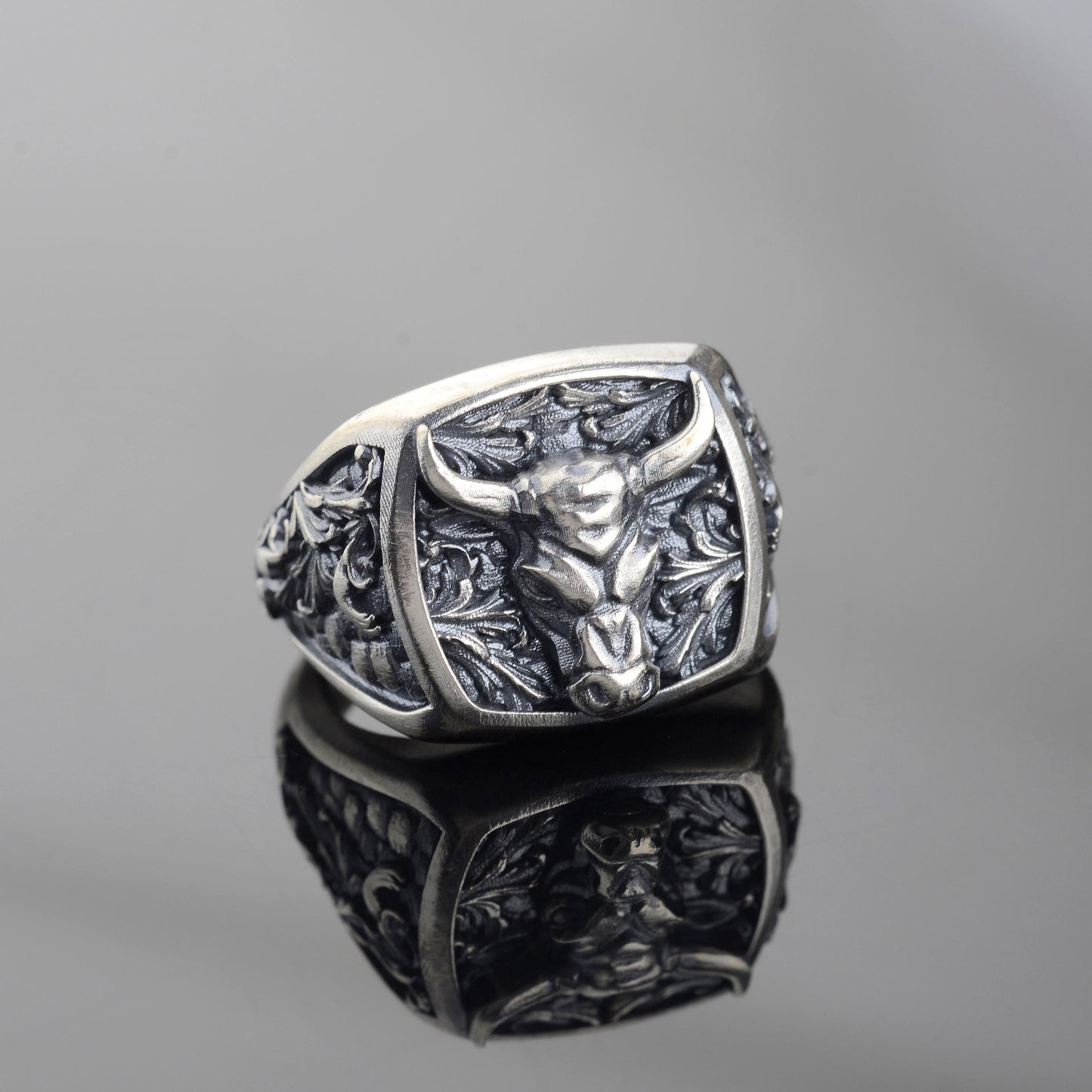 Sterling Silver Bull Head Signet Ring, Handmade Animal Jewelry