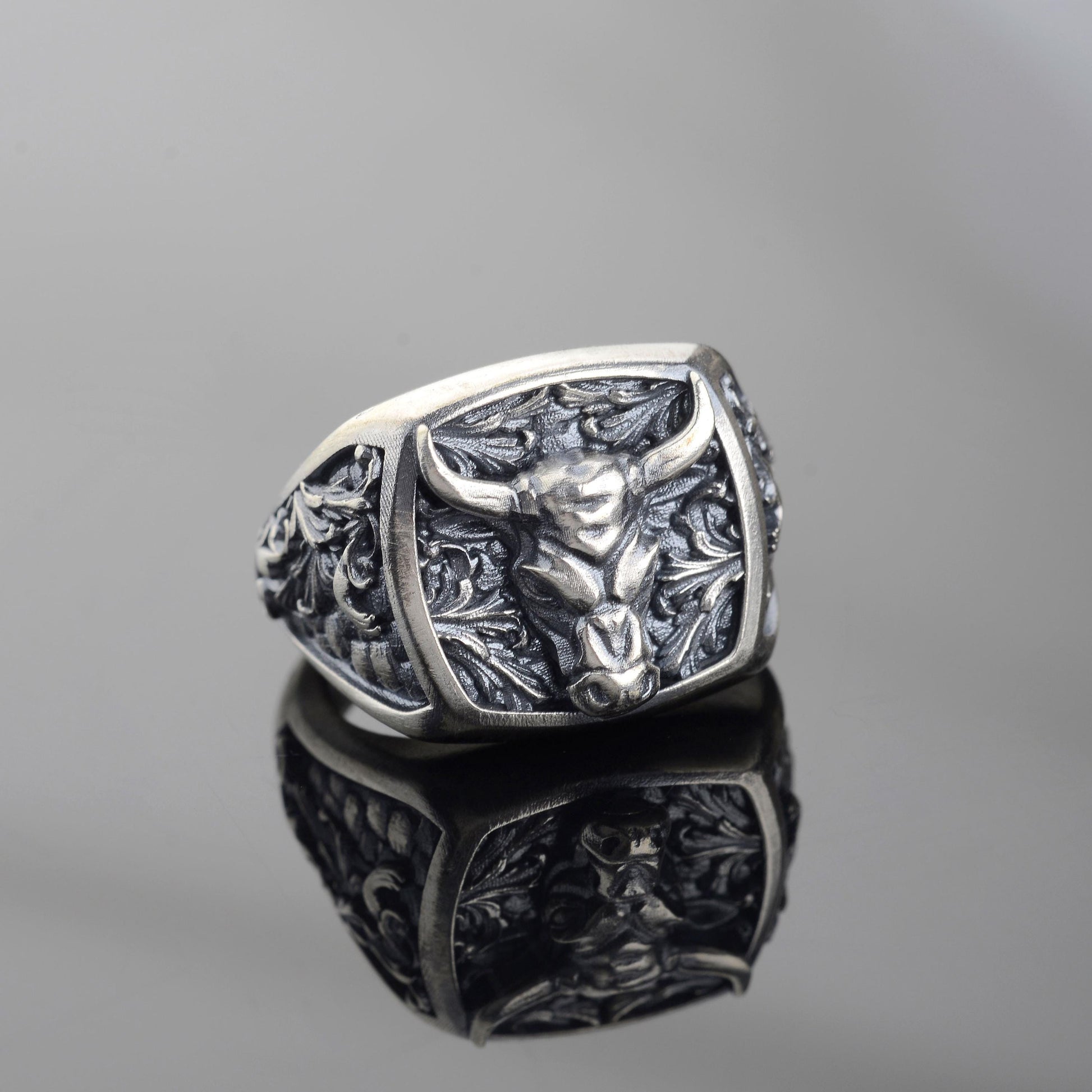 Sterling Silver Bull Head Signet Ring, Handmade Animal Jewelry