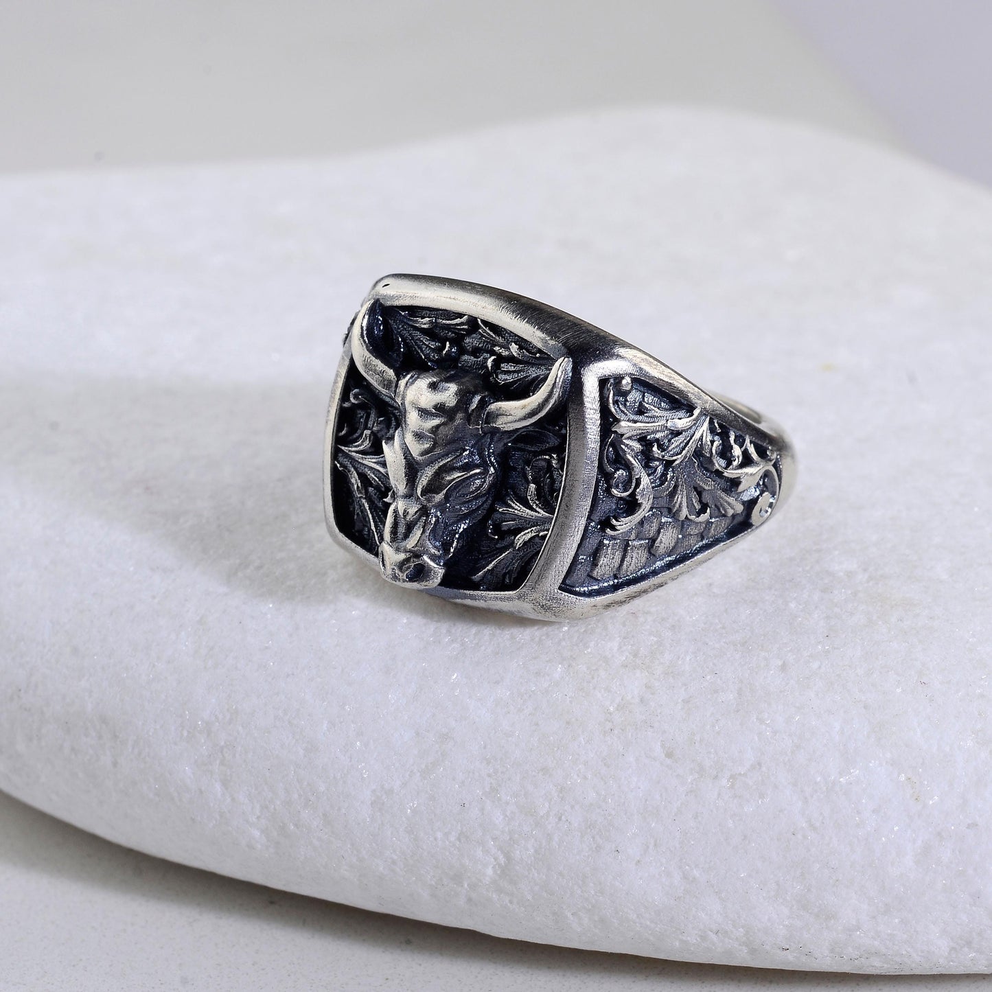 Sterling Silver Bull Head Signet Ring, Handmade Animal Jewelry