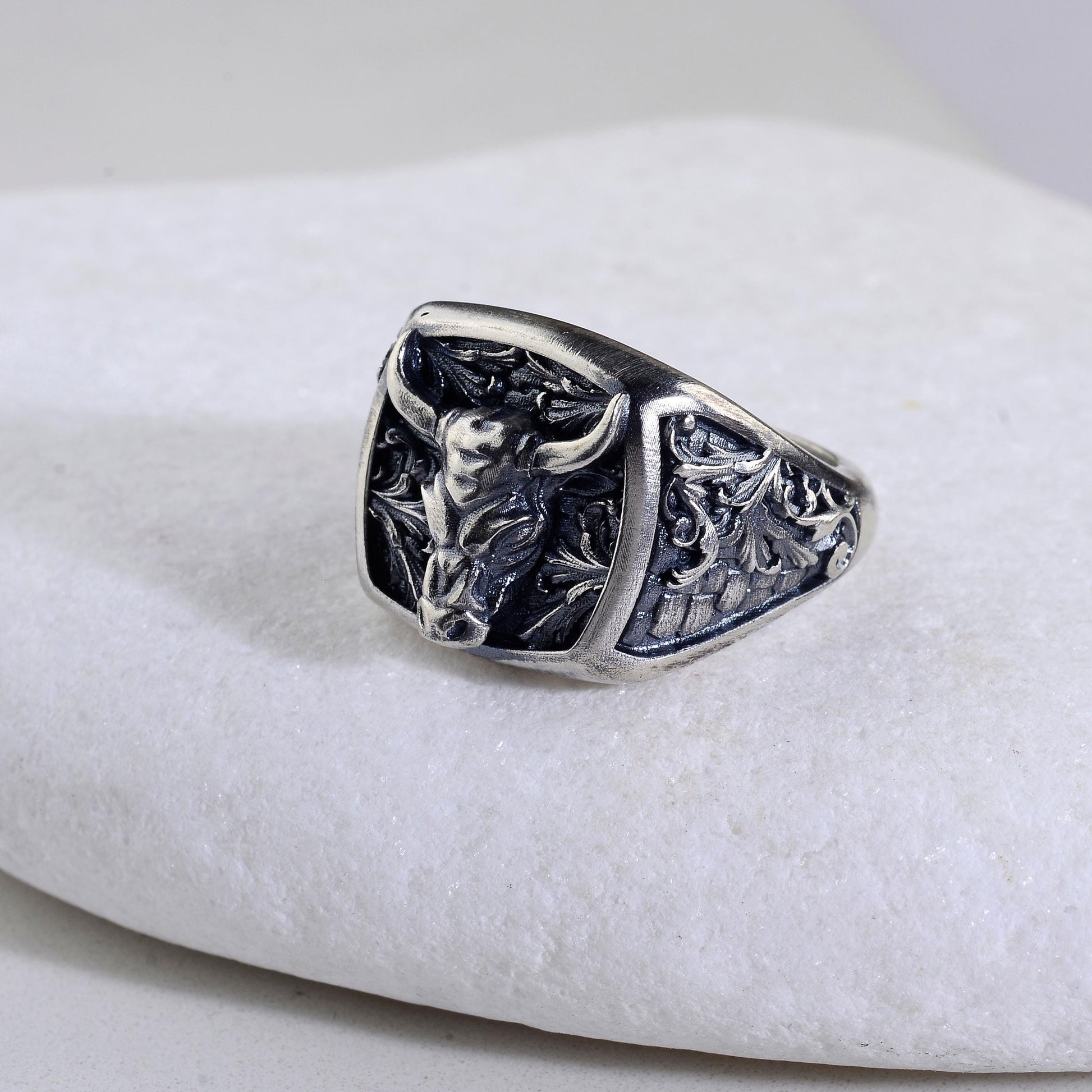 Sterling Silver Bull Head Signet Ring, Handmade Animal Jewelry