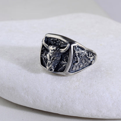 Sterling Silver Bull Head Signet Ring, Handmade Animal Jewelry
