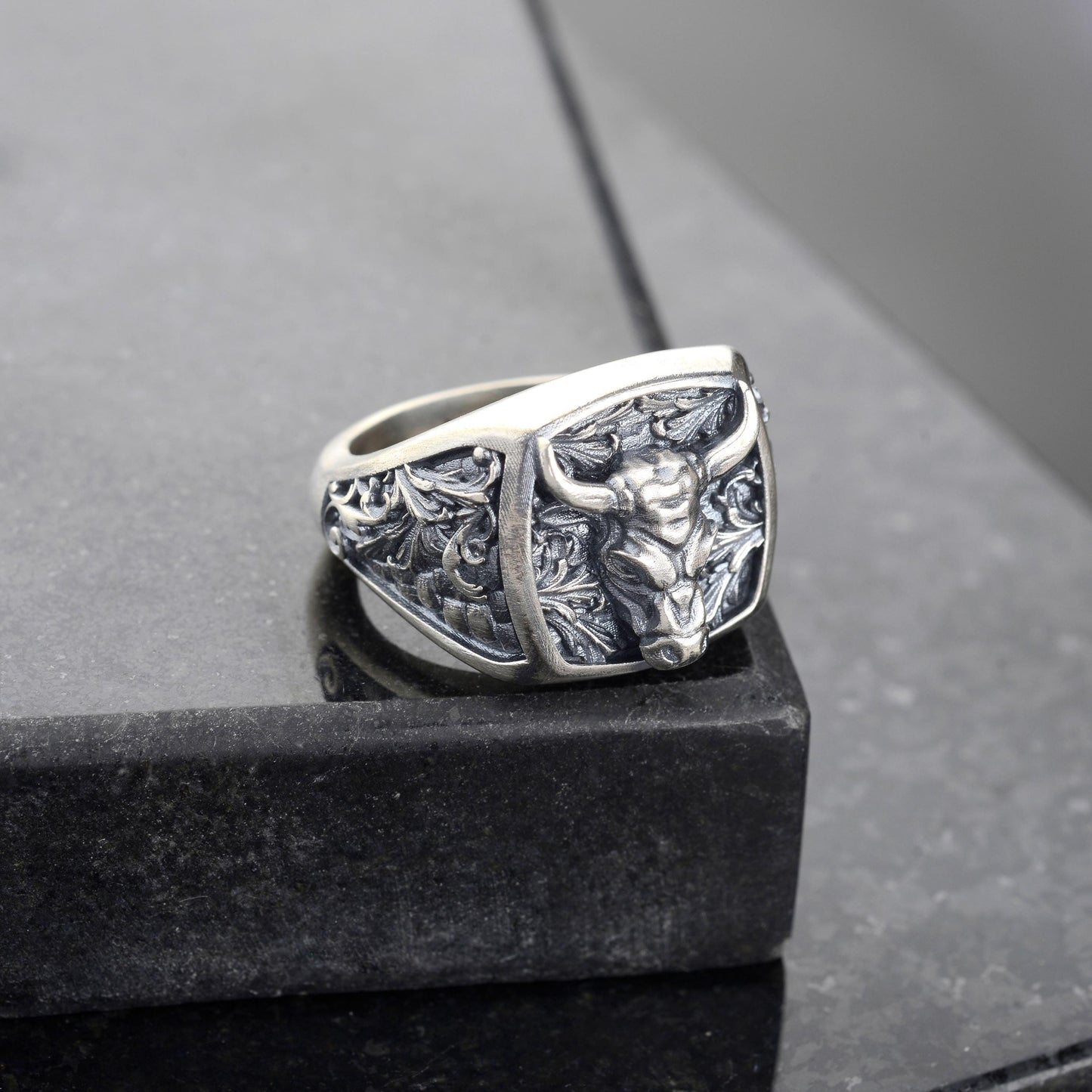 Sterling Silver Bull Head Signet Ring, Handmade Animal Jewelry