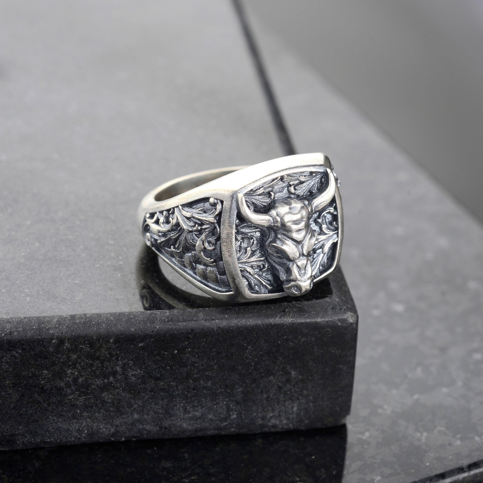 Sterling Silver Bull Head Signet Ring, Handmade Animal Jewelry