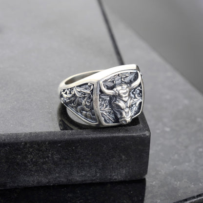 Sterling Silver Bull Head Signet Ring, Handmade Animal Jewelry