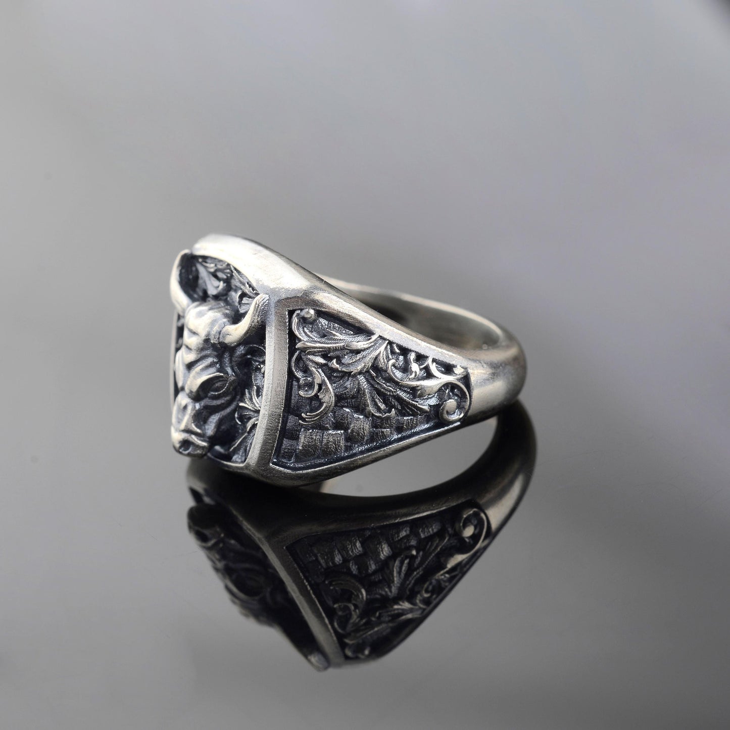 Sterling Silver Bull Head Signet Ring, Handmade Animal Jewelry