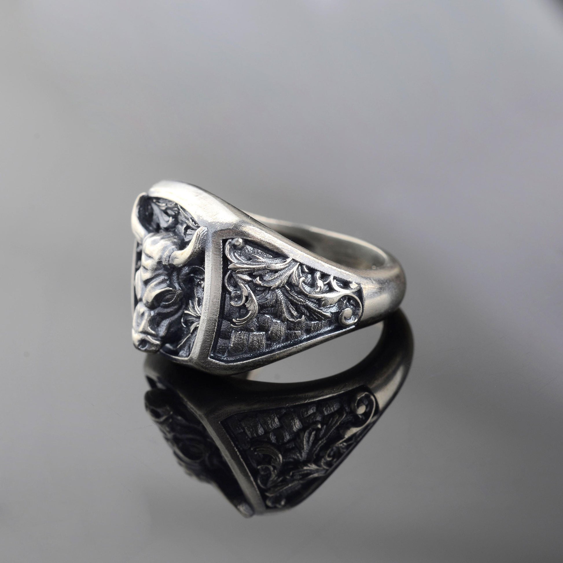 Sterling Silver Bull Head Signet Ring, Handmade Animal Jewelry