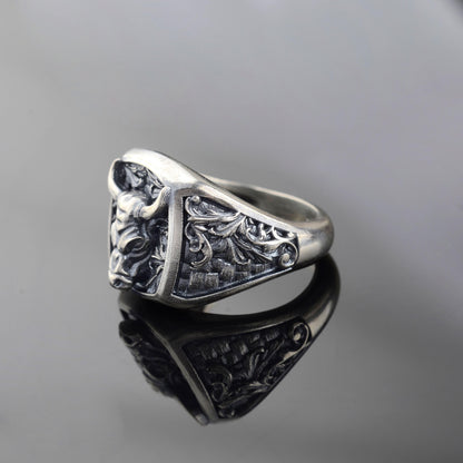 Sterling Silver Bull Head Signet Ring, Handmade Animal Jewelry