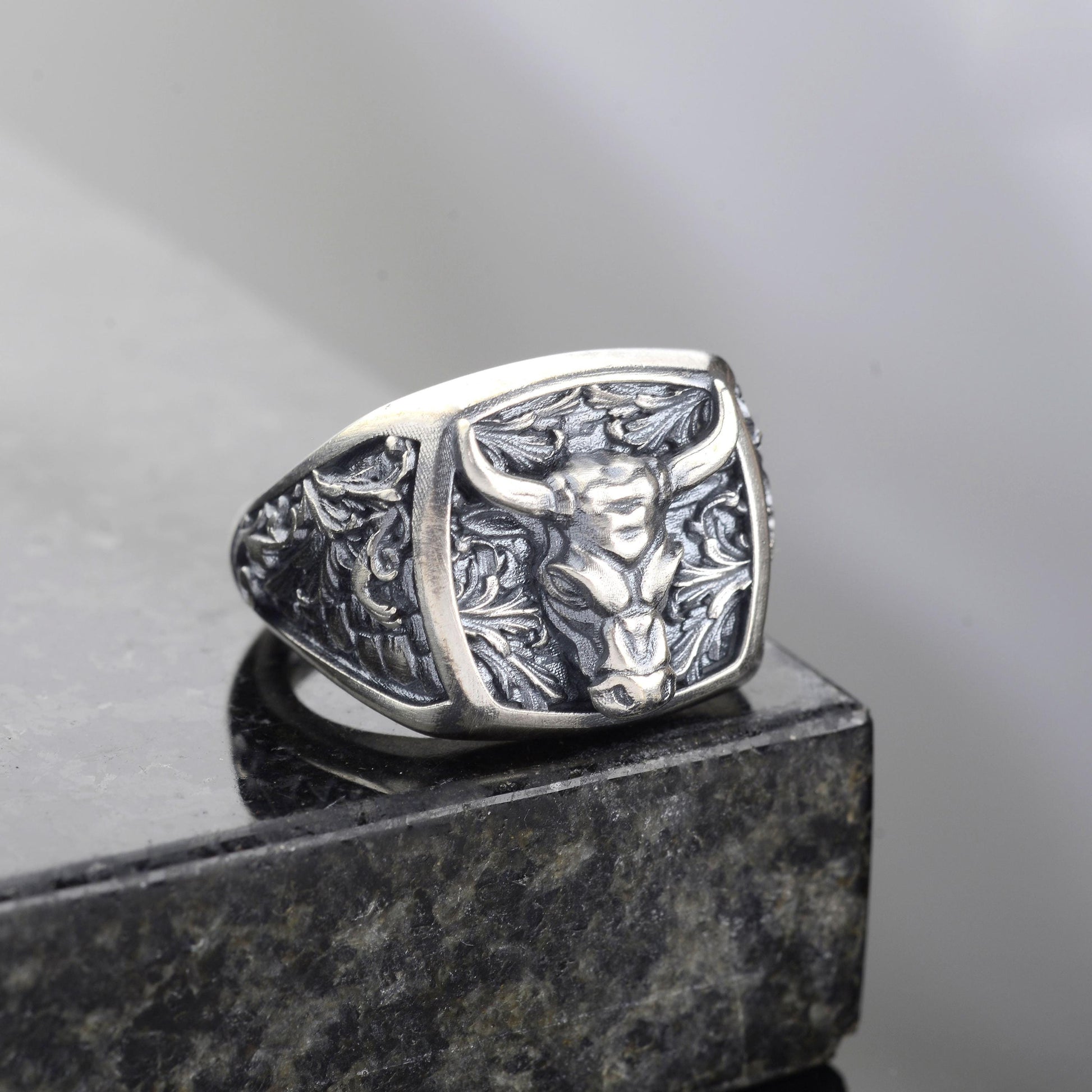 Sterling Silver Bull Head Signet Ring, Handmade Animal Jewelry