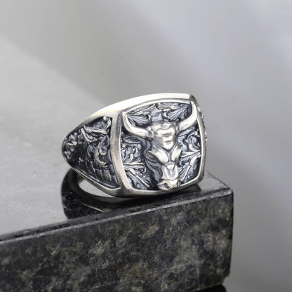 Sterling Silver Bull Head Signet Ring, Handmade Animal Jewelry