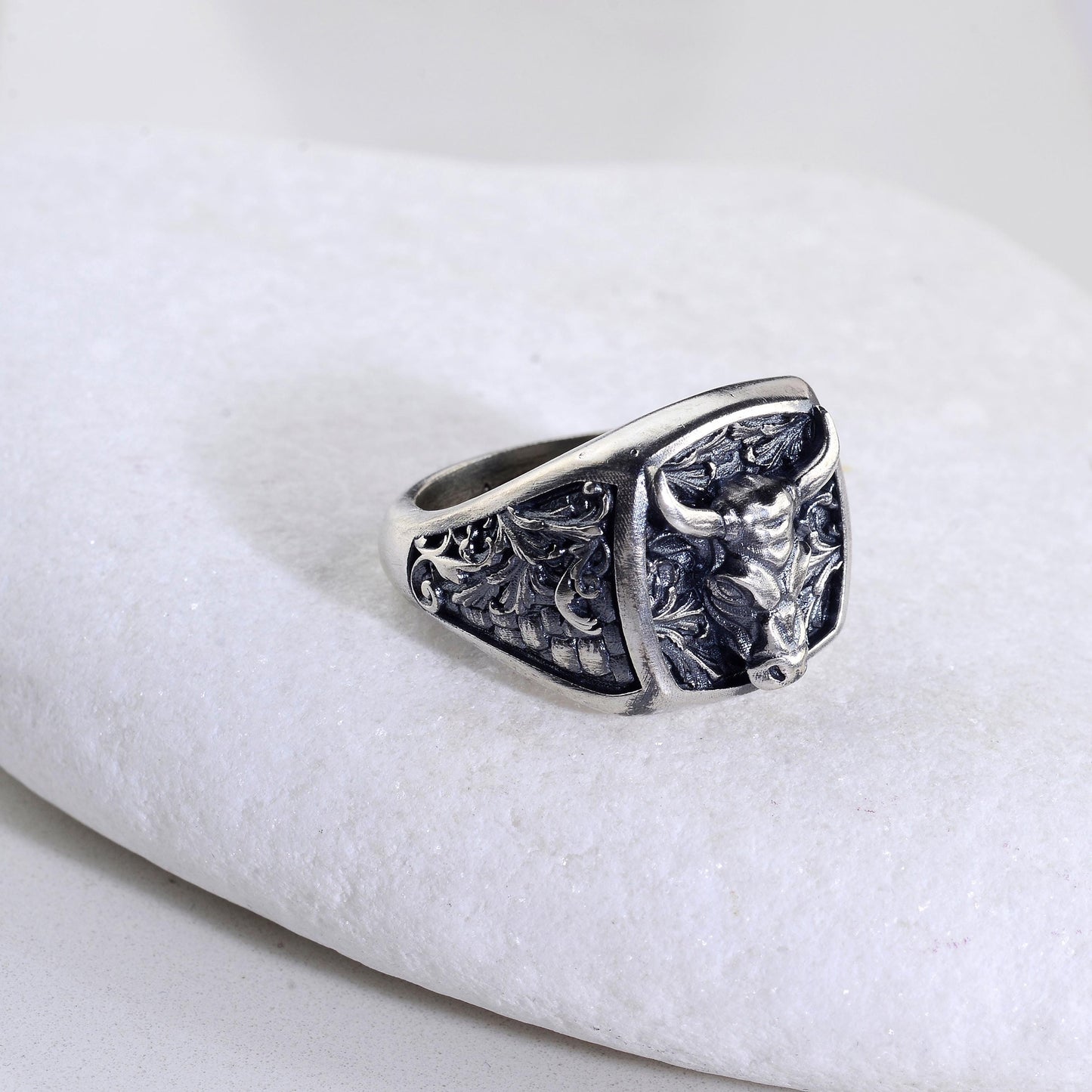 Sterling Silver Bull Head Signet Ring, Handmade Animal Jewelry
