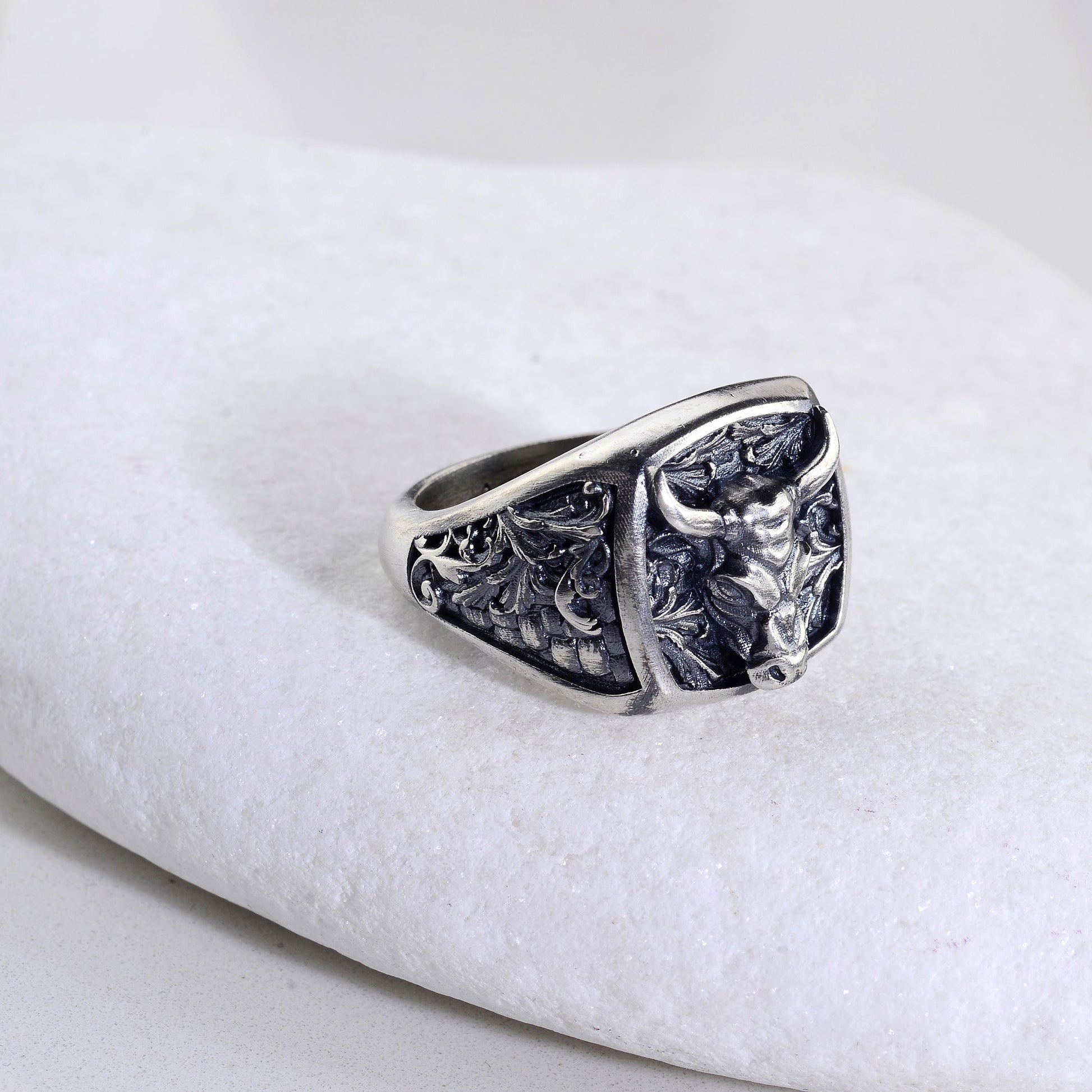Sterling Silver Bull Head Signet Ring, Handmade Animal Jewelry