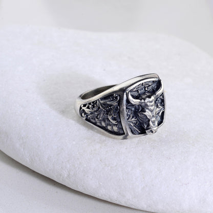 Sterling Silver Bull Head Signet Ring, Handmade Animal Jewelry