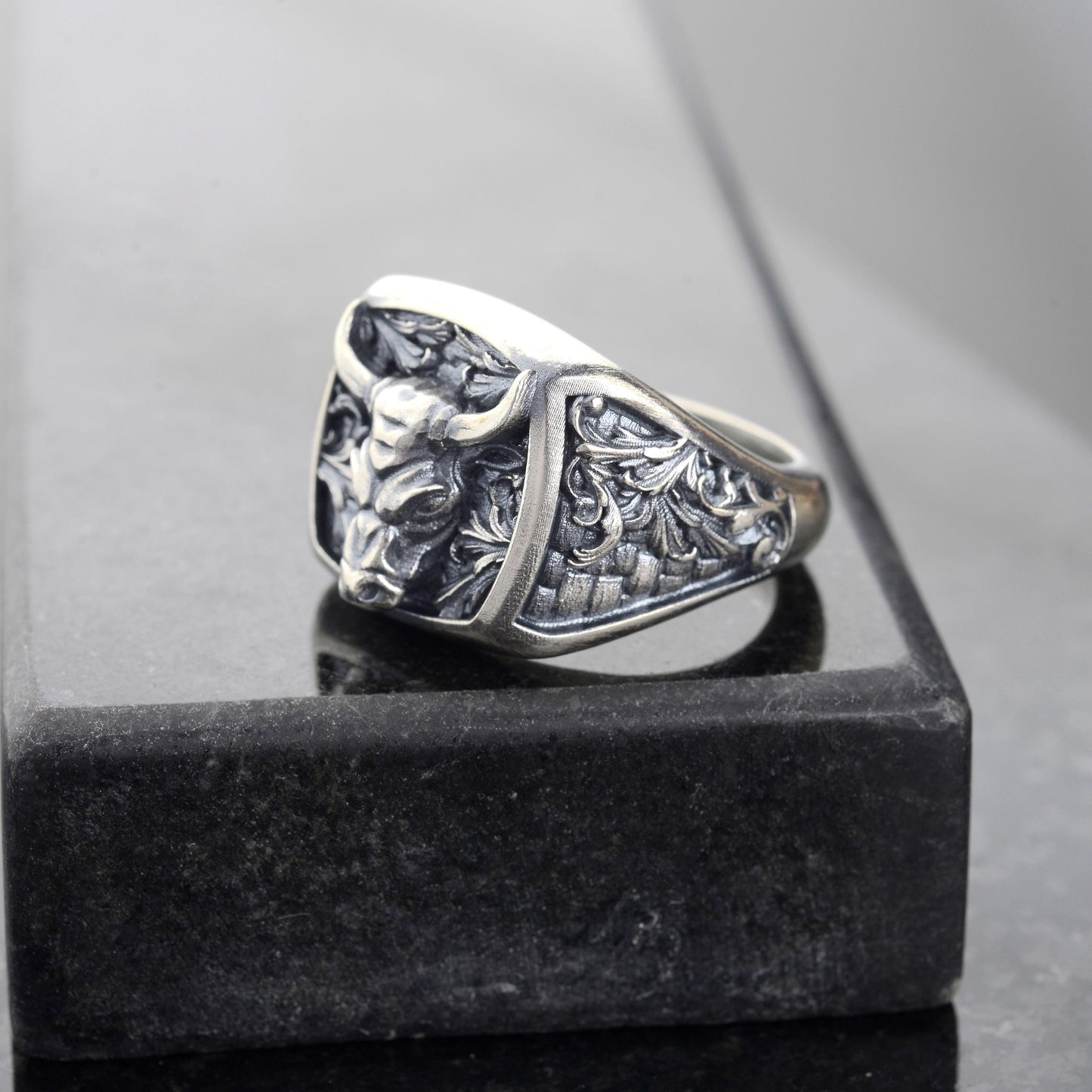 Sterling Silver Bull Head Signet Ring, Handmade Animal Jewelry