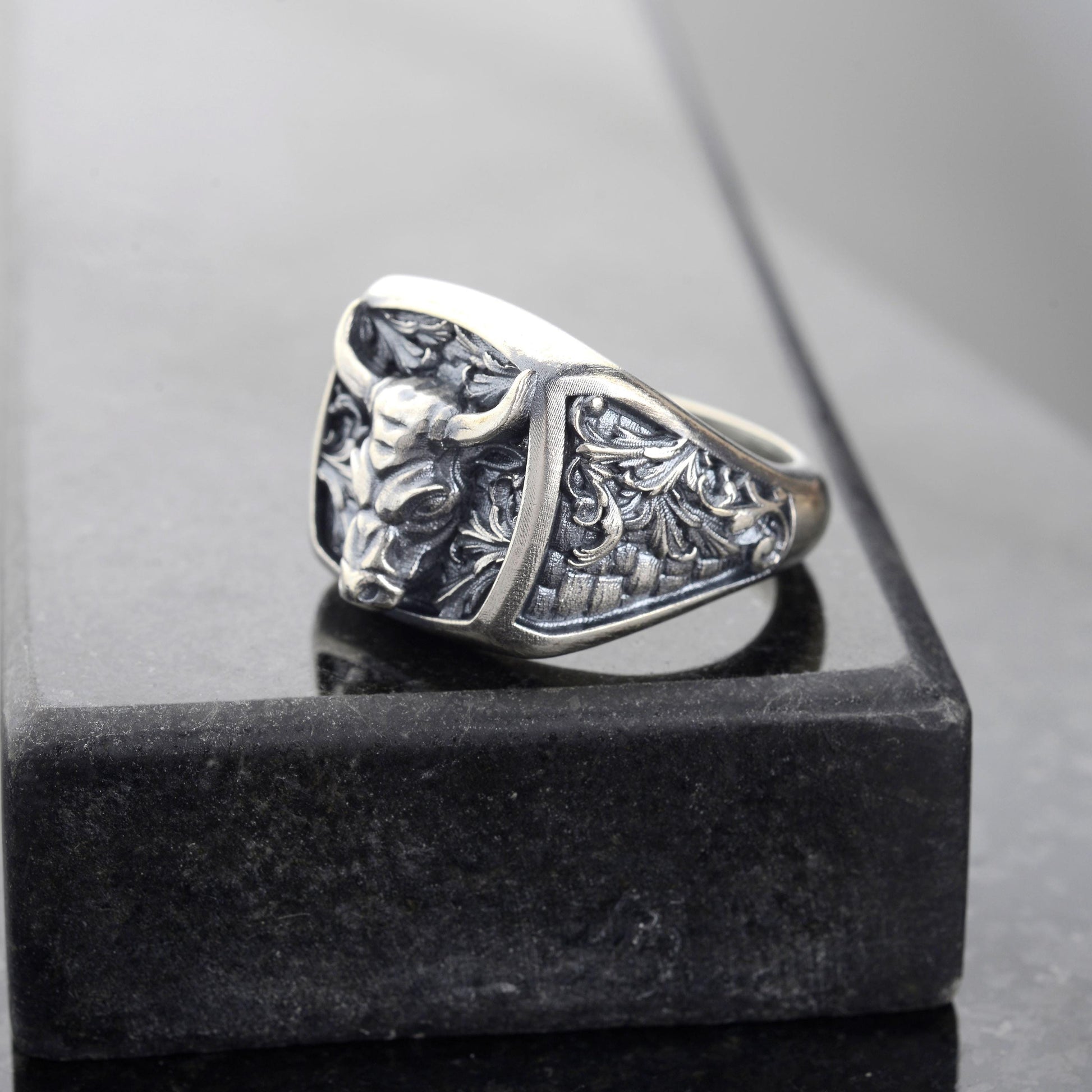 Sterling Silver Bull Head Signet Ring, Handmade Animal Jewelry