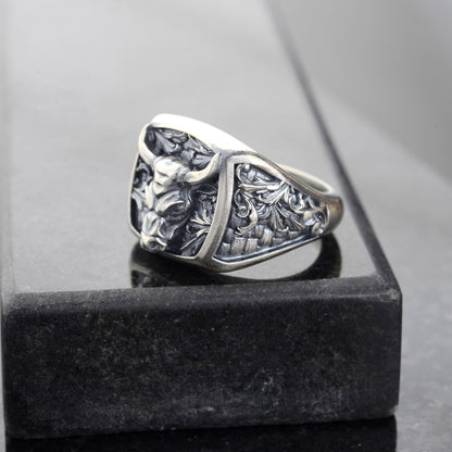 Sterling Silver Bull Head Signet Ring, Handmade Animal Jewelry